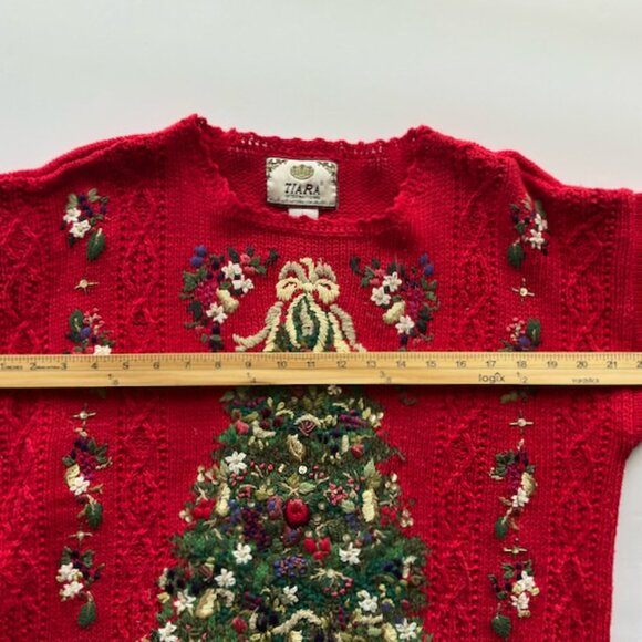 Red Christmas Tree Sweater Tunic, Embroidered,   Tiara International Size L - Picture 9 of 15